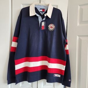 Tommy Hilfiger Men's Navy Rugby Shirt with Red and White Stripes